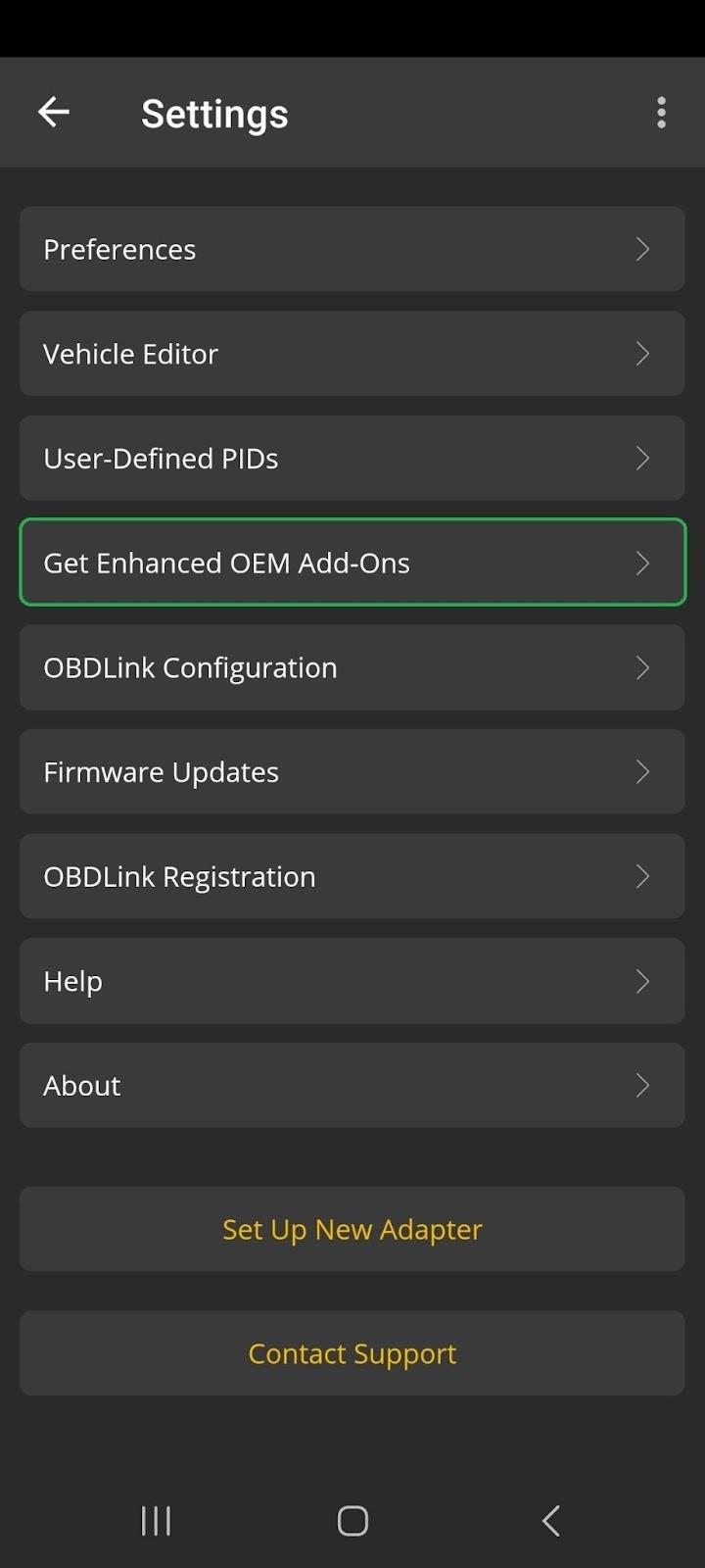 Android screen with Get Enhanced OEM Add-Ons highlighted.